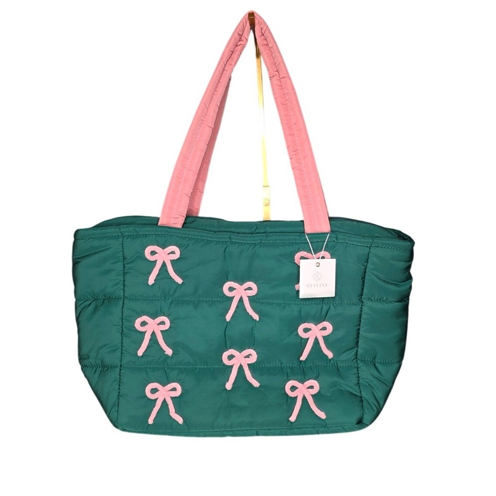 STYLINE Green Pink Bow Quilted Puffer Tote Bag Coquette Preppy NWT